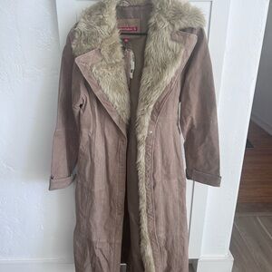 Genuine Tan suede w/Faux Fur collar and trim Long Coat